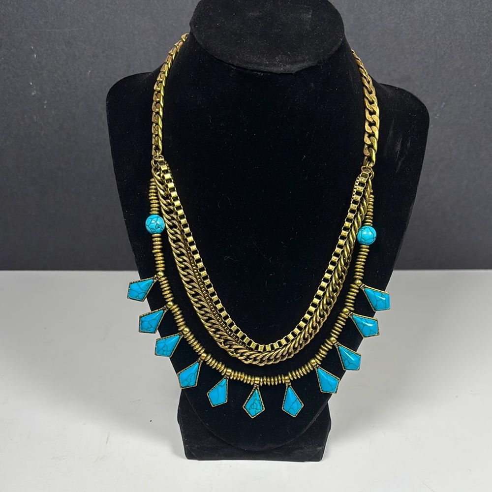 Steve Madden Antique Gold & Turquoise Style Multi-strand Statement Necklace 20”